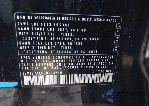 2020 Volkswagen Tiguan 2.0T Se/2.0T Se R-Line Black/2.0T Sel из США, поврежденный, VIN 3VV3B7AX5LM124845